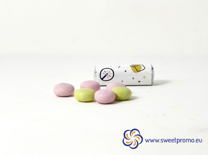 Promotional Mentos Mini Roll with custom printed wrapper, roll with 5 original Fruit Mentos candies for corporate events and brand promotion