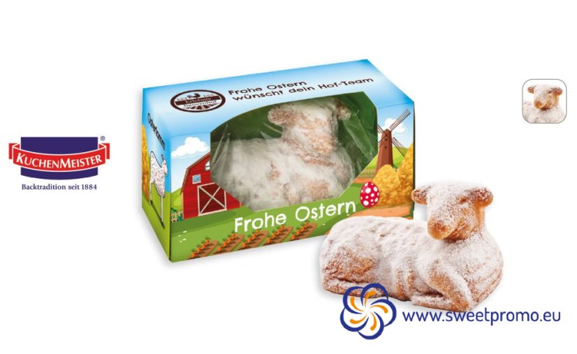 Reklamní velikonoční beránek v dárkové krabičce s vlastním potiskem, rozměr 70 x 70 x 140 mm, originální velikonoční reklamní sladkost vhodná jako dárek