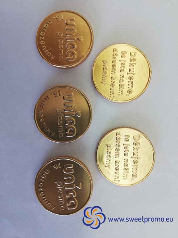 Chocolate coins with a embossing - Size: 41 mm, Amount in package: 45000pcs