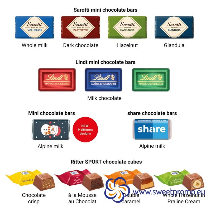 Advent calendar with your own print. House shape. 24 Lindt, Ritter Sport, Sarotti, Alpine milk or Share chocolates.