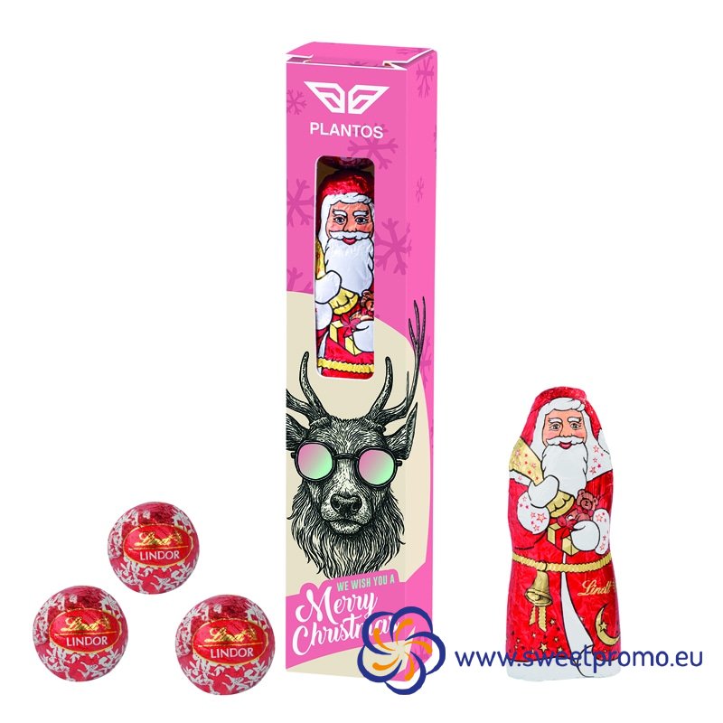 Christmas chocolate Lindt set: Lindt Santa Claus 10g and 3 mini Lindt Lindor balls 13.5g. In a cardboard advertising box with a transparent window and full-color printing.