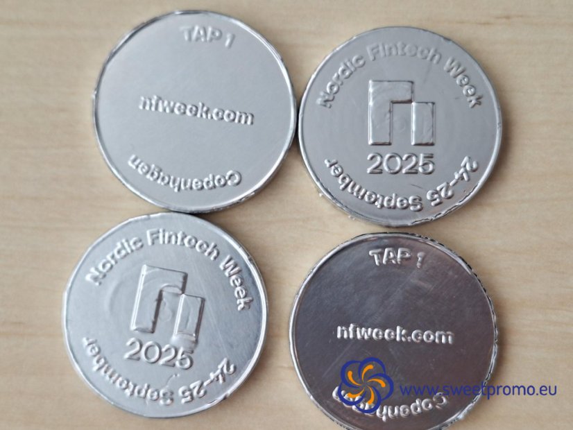 Chocolate coins with a embossing - Size: 41 mm, Amount in package: 45000pcs