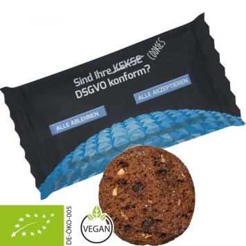 Vegan cookie - organic chocolate hazelnut cookie in flowpack packaging