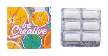 Advertising chewing gum with custom printing, blister pack with paper sleeve