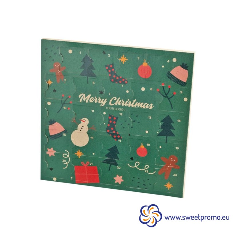 Ecological square advent calendar with custom print: 24 chocolate hearts (120 g) or 24 chocolate stars (96 g) made of 33% milk chocolate. 100% biodegradable packaging. Dimensions: 210x210x9mm. An ideal Christmas gift for employees, business partners and clients.