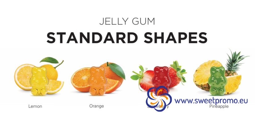 Promotional jelly candies – standard colors (yellow, orange, red, green) and standard flavors (lemon, orange, strawberry, pineapple)