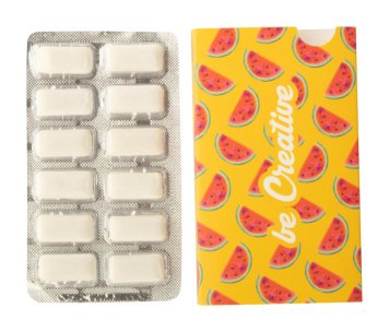 Advertising chewing gum with custom printing, blister pack with paper sleeve