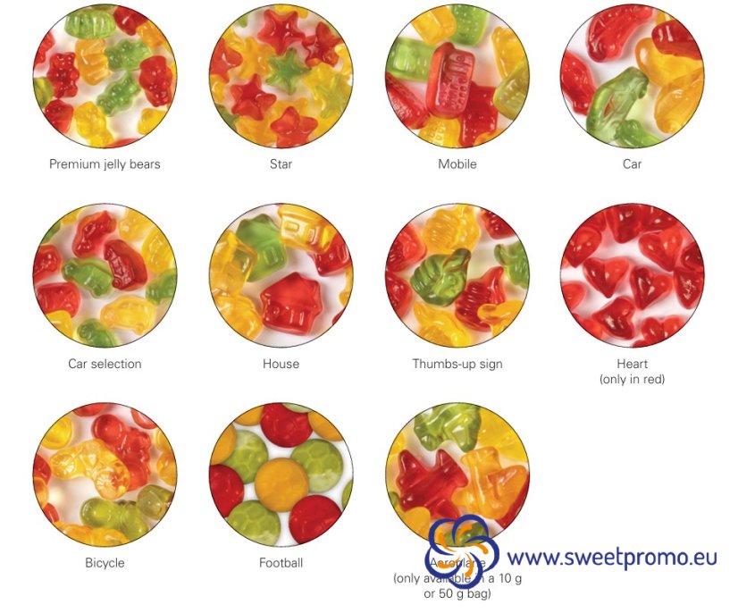 Promotional jelly candies standard shapes: Premium jelly bears, star, mobile, car, car selection, house, thumbs up sign, heart, bicycle, football, aeroplane