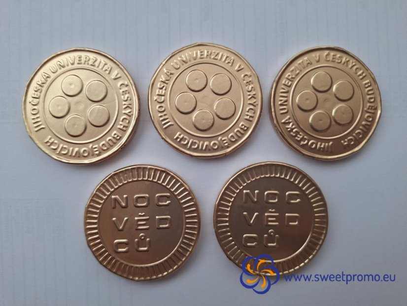 Chocolate coins with a embossing - Size: 41 mm, Amount in package: 45000pcs