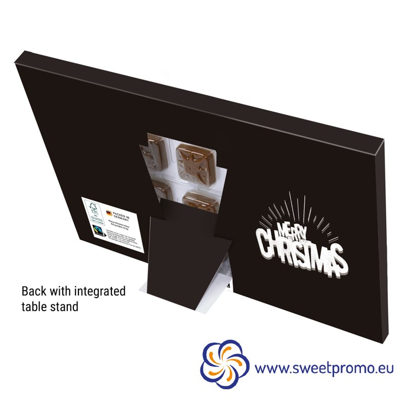 Classic Advent calendar with advertising print, suitable for standing on a stand, sample of the back side.