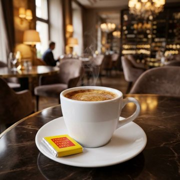 Promotional chocolate bar with logo served with coffee in a cafe