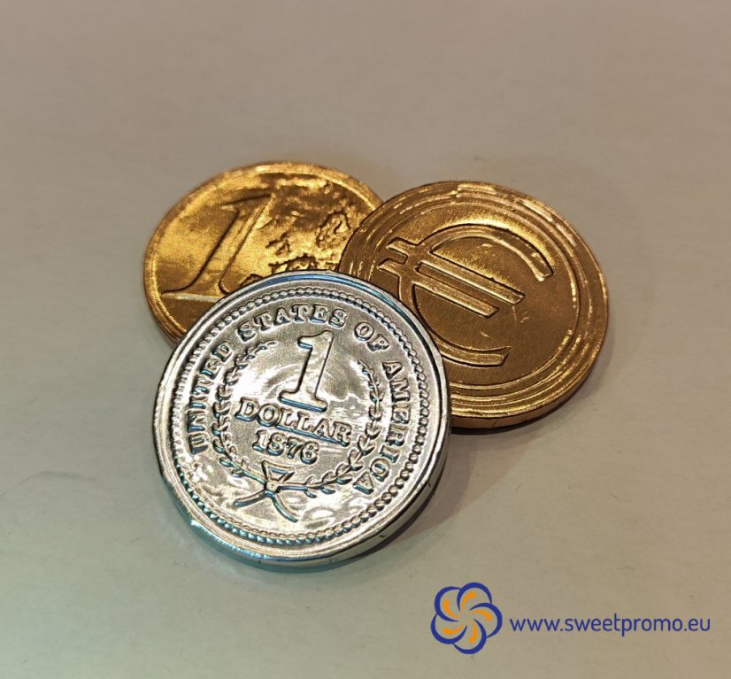 Chocolate coins with a embossing - Size: 41 mm, Amount in package: 150000pcs