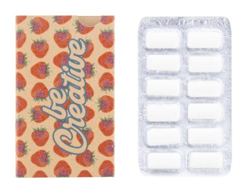 Advertising chewing gum with custom printing, blister pack with paper sleeve