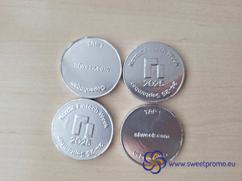 Chocolate coins with a embossing - Size: 41 mm, Amount in package: 150000pcs