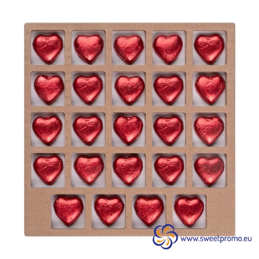 Filling for an eco-friendly square Advent calendar with custom print: 24 chocolate hearts (120 g) made of 33% milk chocolate, in red foil. An ideal Christmas gift for employees, business partners and clients.