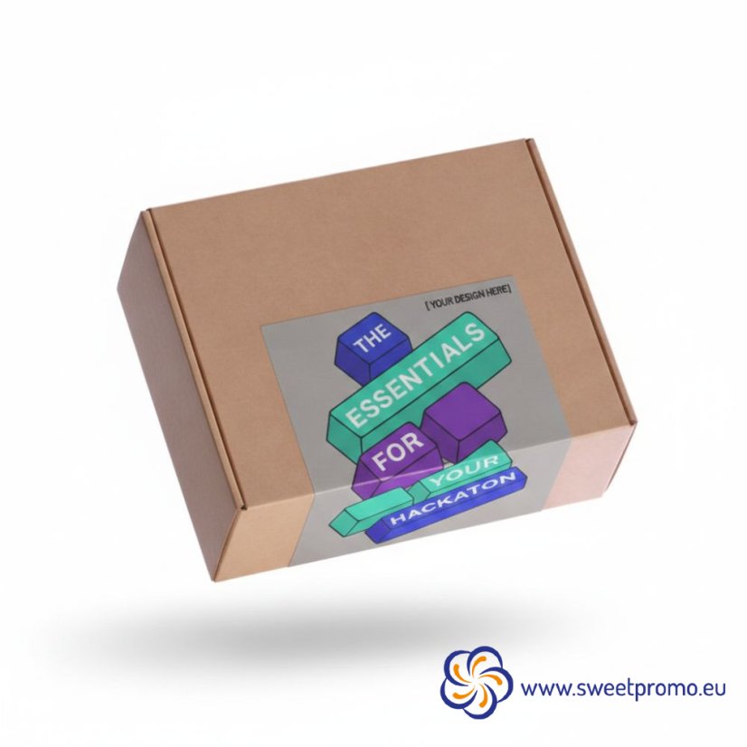 Sample of a box for Christmas gift packages with an advertising sticker.
