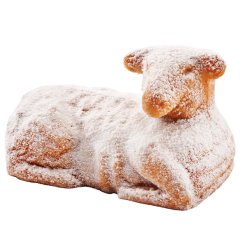 Traditional Easter lamb made from sponge cake dough, with vanilla, sprinkled with sugar, made in Germany, suitable as a corporate Easter gift