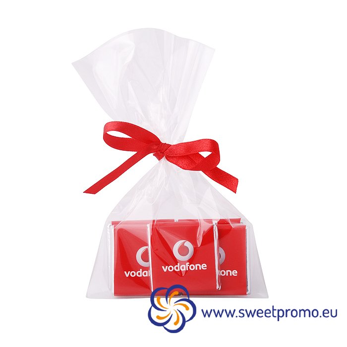 Reklamní čokoládky (5ks) v sáčku se stuhou, vhodné jako reklamní sladký dárek pro zaměstnance, klienty a obchodní partnery