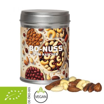 Vegan organic nut mix in a tin