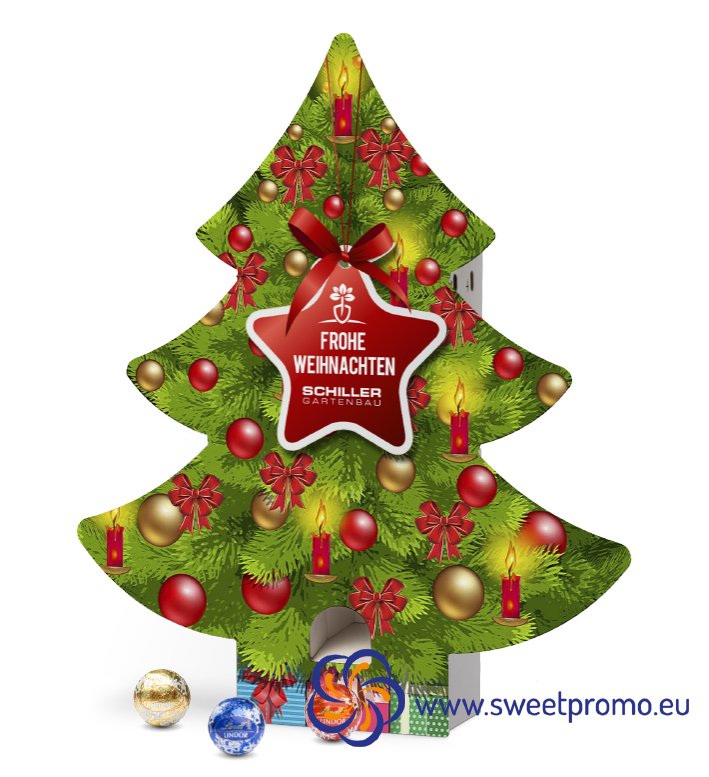 Promotional advent calendar in the shape of a tree, filled with 24 Lindt Lindor chocolate pralines made of milk, dark and white chocolate. Custom packaging printing. Suitable as a corporate Christmas gift for your clients, business partners and employees.