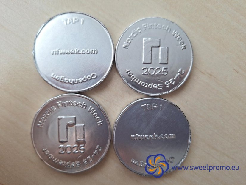 Chocolate coins with a embossing - Size: 41 mm, Amount in package: 150000pcs