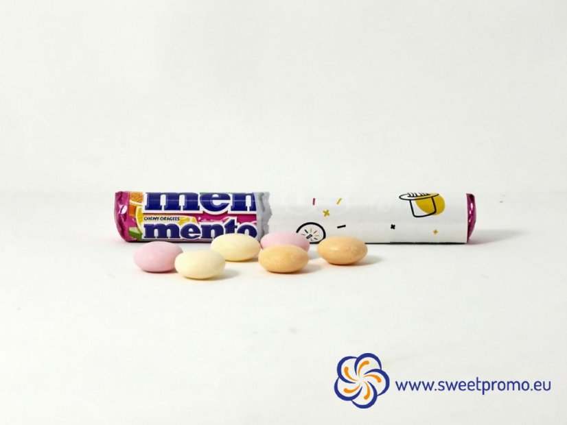 Promotional Mentos Maxi Roll with custom printed wrapper, large roll with 14 fruit Mentos candies for customers and business partners
