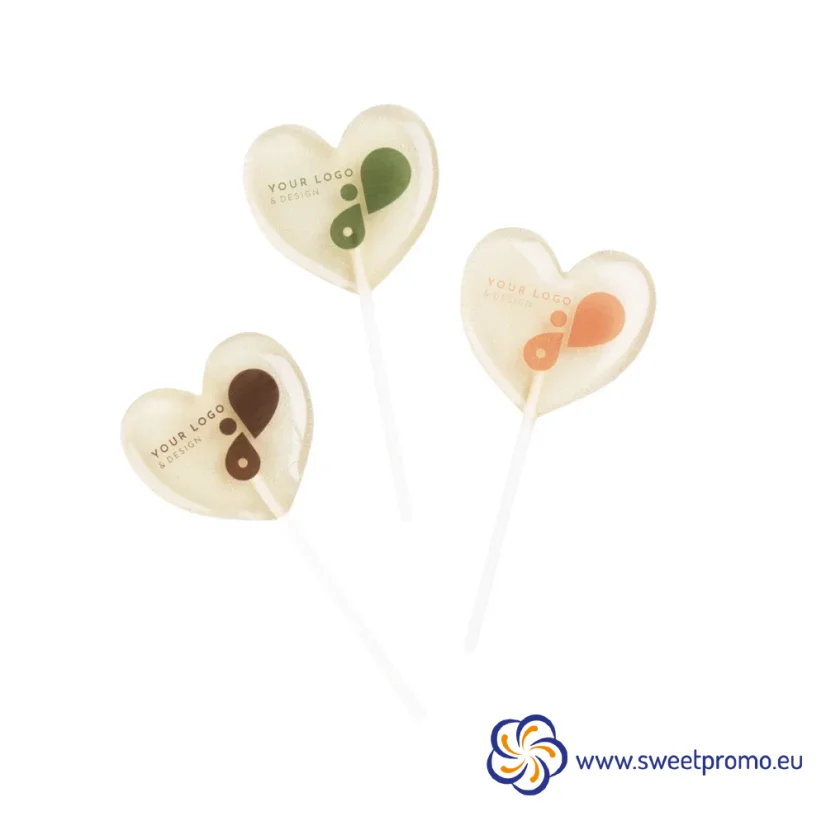 Sugar-free fruit lollipop, heart-shaped, with custom printing on edible paper