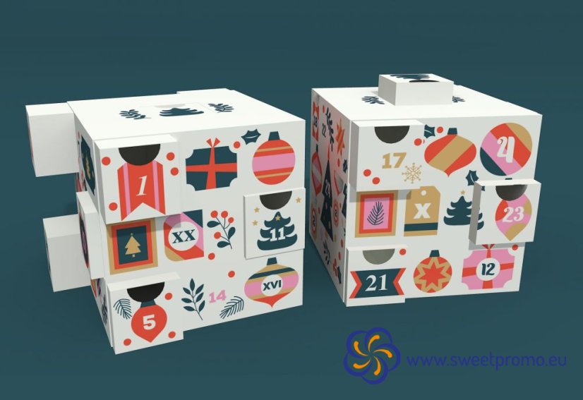 Calendar gift box with custom printing - 13 drawers without filling - Variant B. Custom filling and custom full-color printing. Advertising calendar ready for custom printing and product filling - ideal for corporate gifts and marketing campaigns.