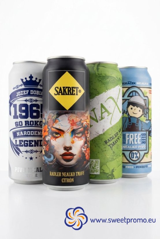 Non-alcoholic beers in promotional cans 0.5l. 2 types to choose from: Light draft beer (alcohol content 0.5%), Dark Lemon Radler (alcohol content 0.0%). Ideal for trade fairs, promotions, company parties or as an unconventional gift for clients.