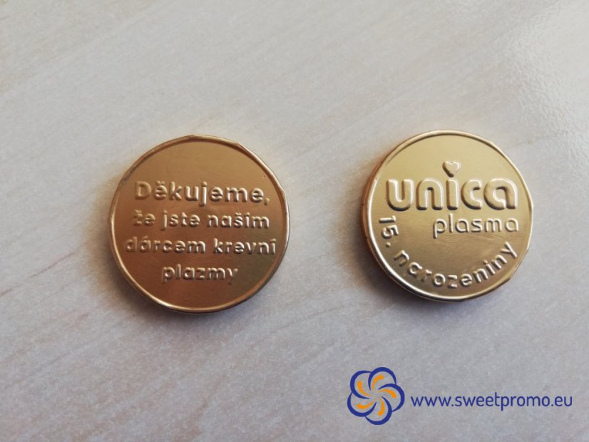 Chocolate coins with a embossing - Size: 41 mm, Amount in package: 45000pcs