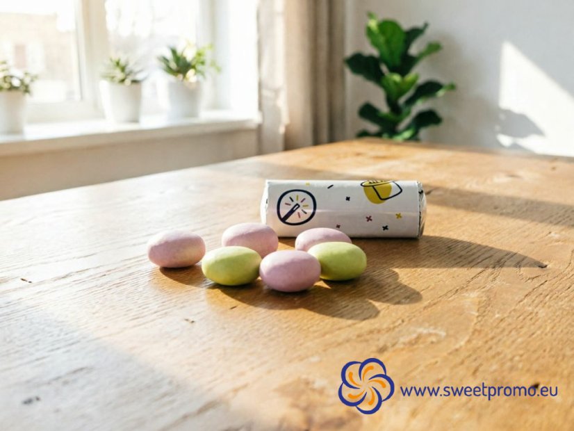 Promotional Mentos Mini Rolls with custom printed wrapper, rolls with 5 original Mentos candies for corporate events and brand promotion
