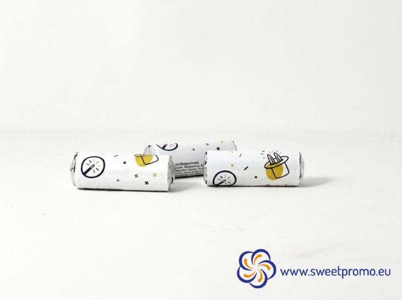 Promotional Mentos Mini Rolls with custom printed wrapper, rolls with 5 original Mentos candies for corporate events and brand promotion