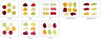 Promotional jelly candies in various shapes: flower, ship, bus, football fever, jogging shoes, tire, tractor, flora