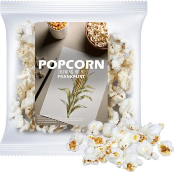 Vegan product - salty popcorn in a bag with promotional label