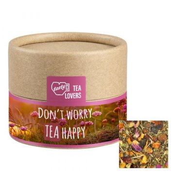 Vegan product - organic herbal tea "Happiness" in a cardboard box with promotional label