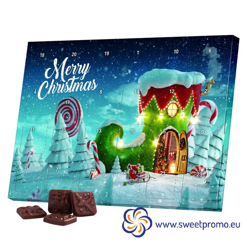 Classic advent calendar with advertising print, suitable for placing on a table. Contains 24 mini whole milk chocolates with Fairtrade ingredients in German brand quality, 50 g.