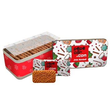 Rectangular biscuits in a promotional tin box