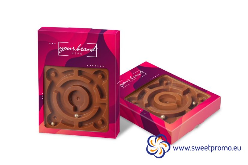 30g Mini Chocolate Maze, made from high-quality milk chocolate, with promotional printing on the packaging, ideal as a unique promotional gift for corporate events, conferences, and trade shows