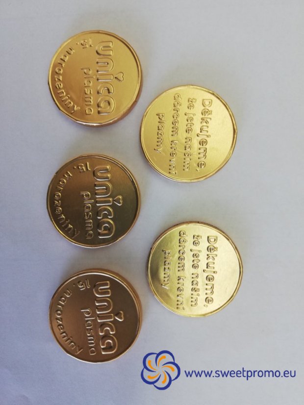 Chocolate coins with a embossing - Size: 41 mm, Amount in package: 45000pcs