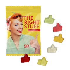 Gumové ovocné želatinové bonbony různých tvarů (až 33 možností), sáček 10g s vlastním potiskem, vhodné jako malý sladký reklamní dárek pro klienty a zaměstnance