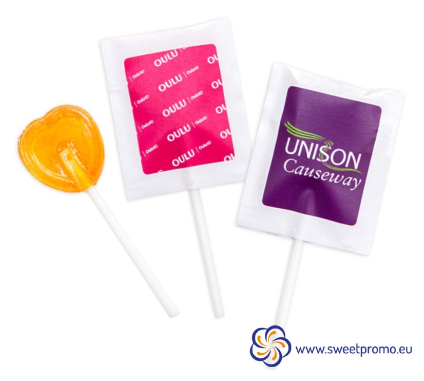 Heart shaped lollipop flat 5g in promotional packaging - Amount in package: 500pcs