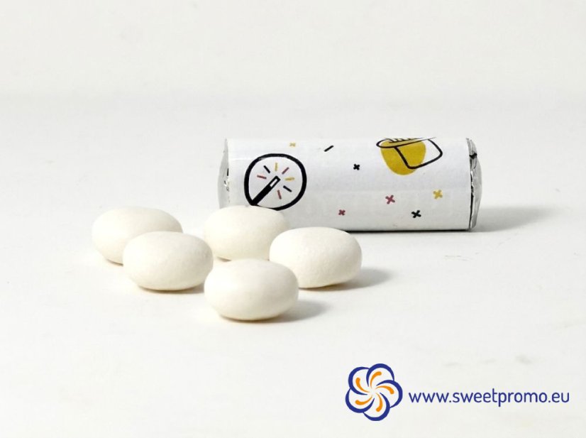 Promotional Mentos Mini Roll with custom printed wrapper, roll with 5 original Mint Mentos candies for corporate events and brand promotion