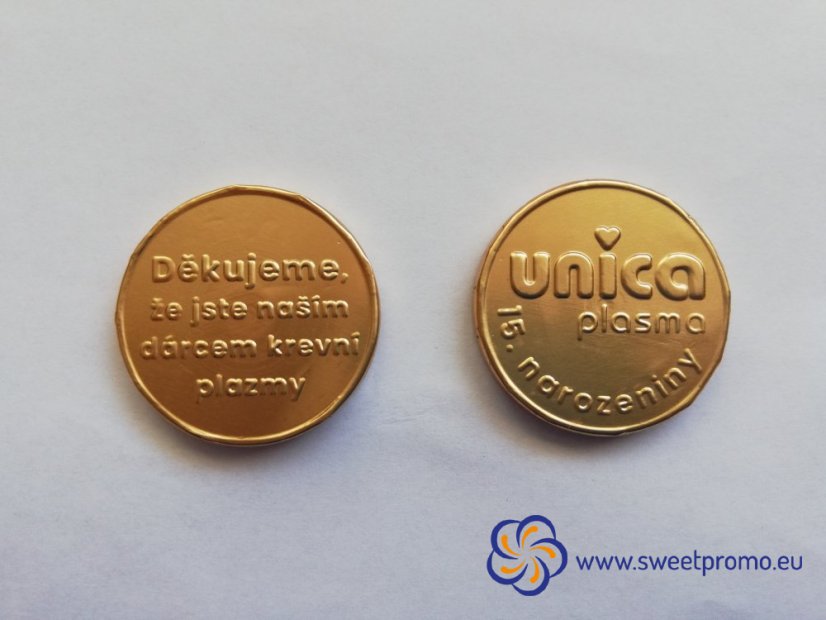 Chocolate coins with a embossing - Size: 41 mm, Amount in package: 45000pcs