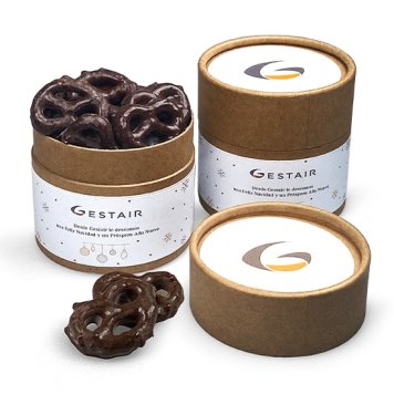 Chocolate pretzels in a cardboard tube with custom printing