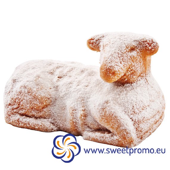 Tradiční velikonoční beránek z piškotového těsta, s vanilkou, posypaný cukrem, vyrobený v Německu, vhodný jako firemní velikonoční dárek