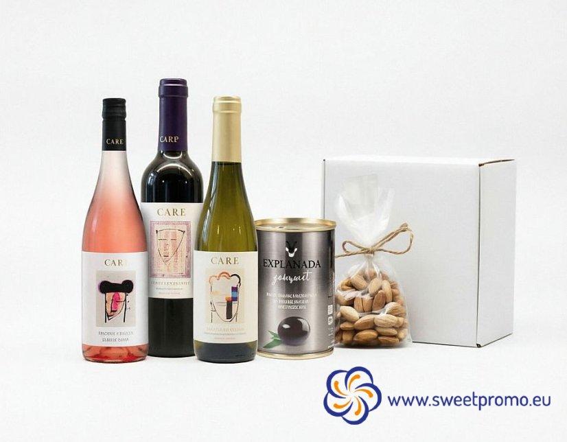 Corporate Care Christmas gift box with a 0.375 L bottle of Spanish wine, pitted black olives, and roasted salted almonds. Packed in a gift box with the option to add a custom logo sticker. A thoughtful Christmas gift for clients, employees, and business partners.
