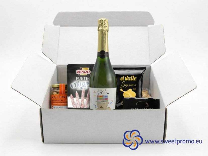 Care Christmas gift box with Spanish sparkling wine Care Brut 0.75 l, dried sausage Fuet Extra and other delicacies. The package is packed in a gift box with the option of adding a corporate sticker. Suitable as a representative Christmas gift for employees, clients and business partners.