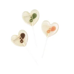 Sugar-free fruit lollipop, heart-shaped, with custom printing on edible paper Sugar-free fruit lollipop, heart-shaped, with custom printing on edible paper