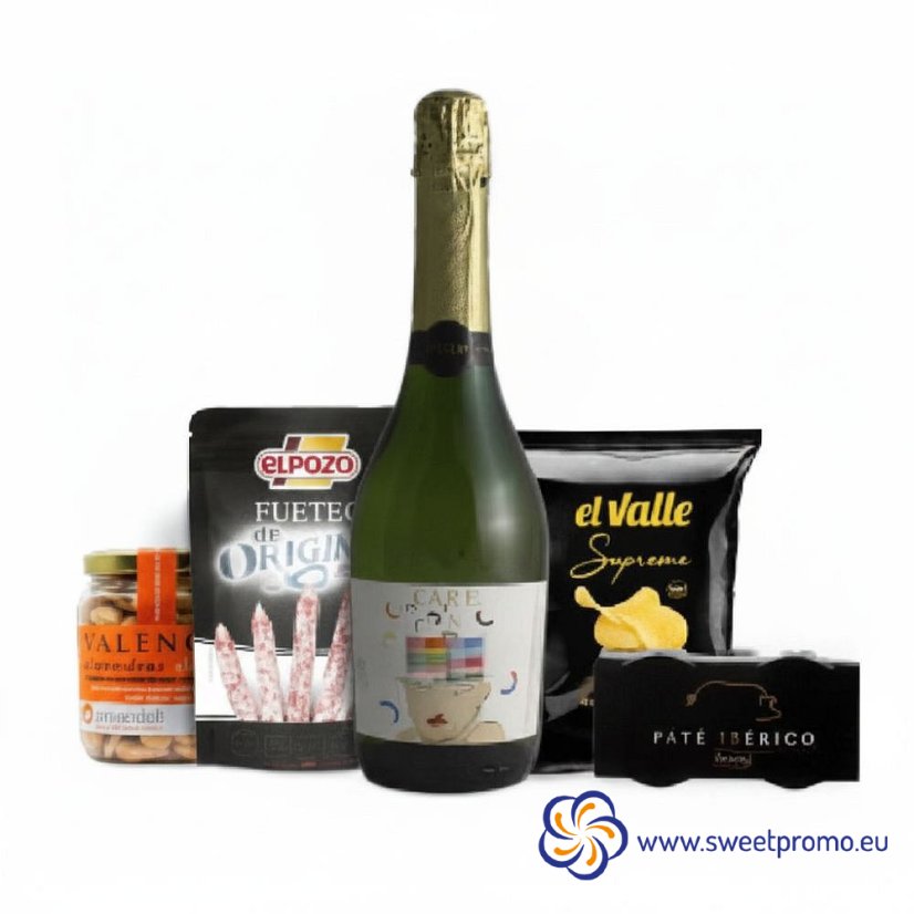 Care Christmas gift box with Spanish sparkling wine Care Brut 0.75 l, dried sausage Fuet Extra and other delicacies. The package is packed in a gift box with the option of adding a corporate sticker. Suitable as a representative Christmas gift for employees, clients and business partners.
