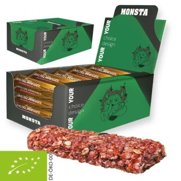 Organic cereal bar raspberry, with custom print and display box maxi